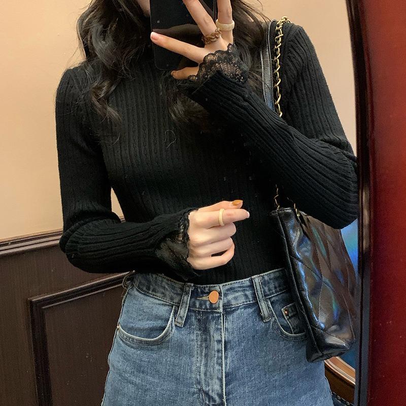 Chic and Pretty Semi-turtleneck Lace Sweater with Long Sleeves and Knitted Bottoming Shirt Women's Top