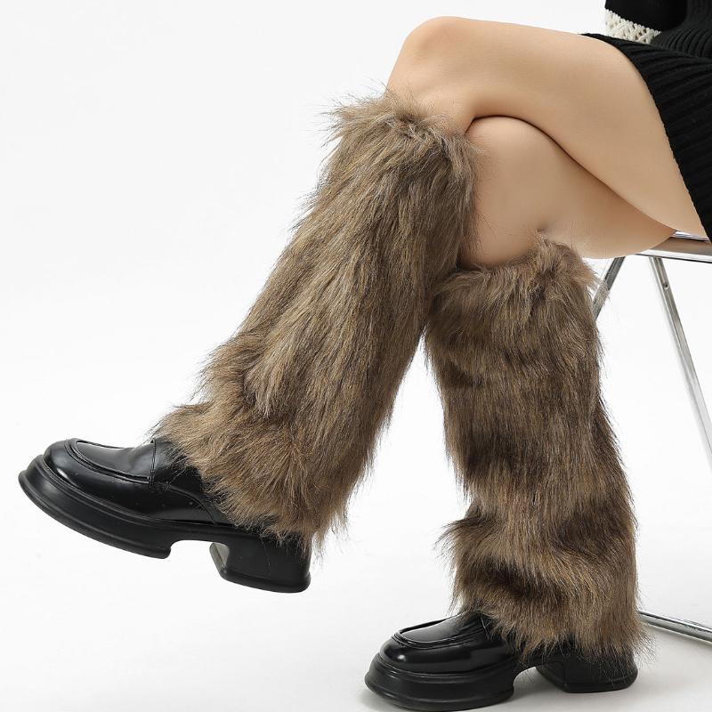 Western Cowboy Style Furry Leg Warmers Brown Retro Hot Girl Faux Fur Sock Covers Long Hair Boot Socks Warm