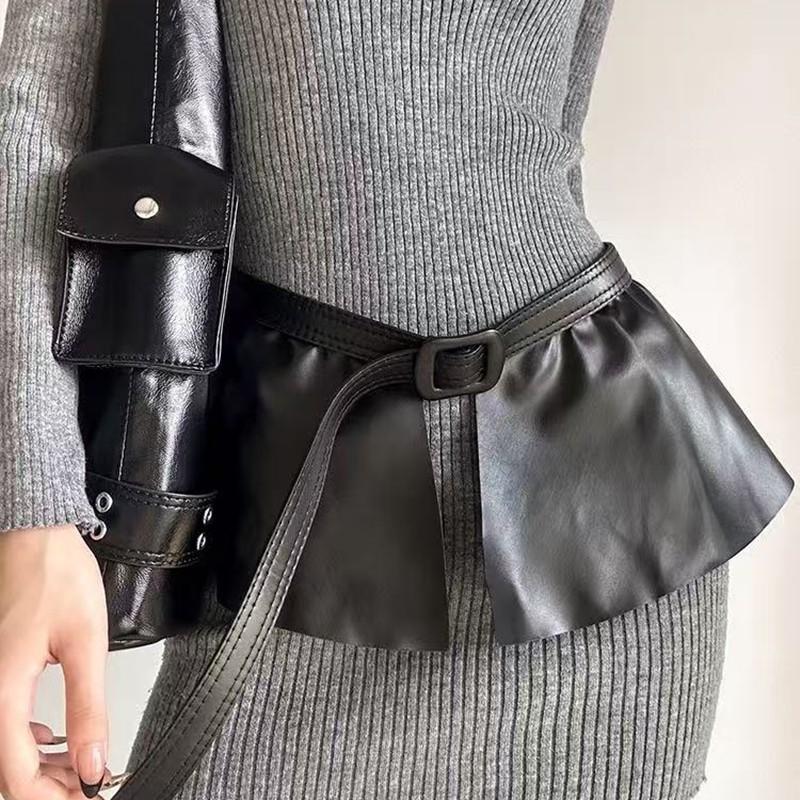 Wide PU Leather Belt Women With Ruffled Hem Dress Waist Cincher Metal Buckle Chic Streetwear Accessory
