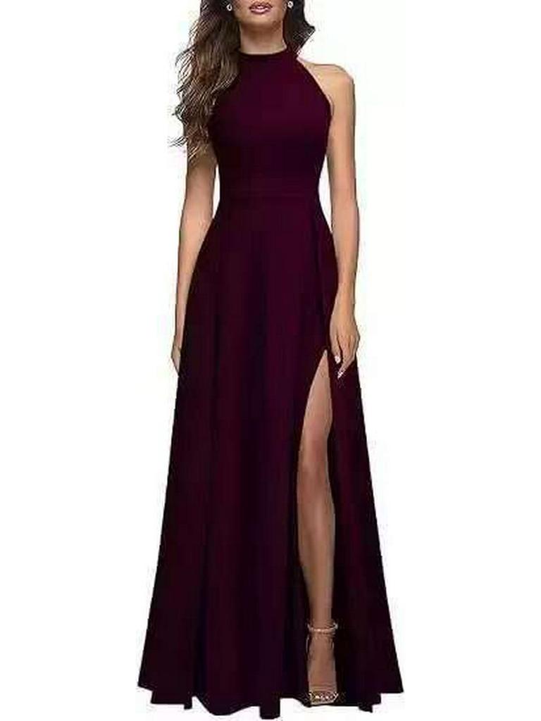 2025 Summer Women's Fashion: Sexy Slit Halter Neck Evening Gown – High-End Feel Long Skirt