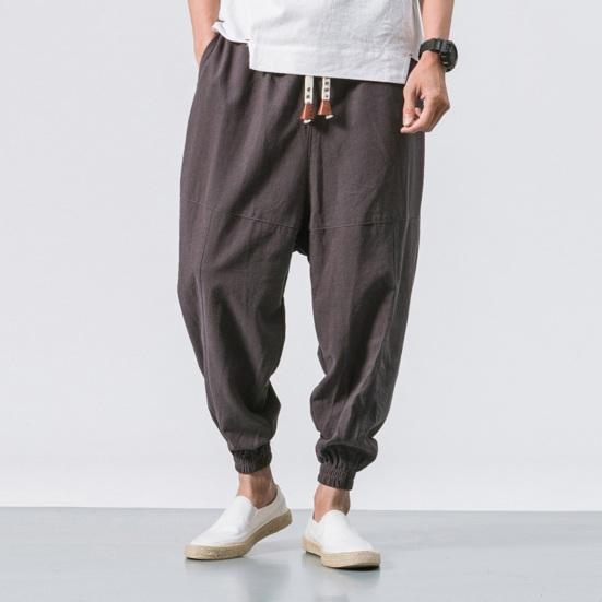 Summer Men Harem Pants Loose Ankle Length Pockets Pure Color Plus Size Japanese Style Deep Crotch Casual Daily Wear Long Trousers