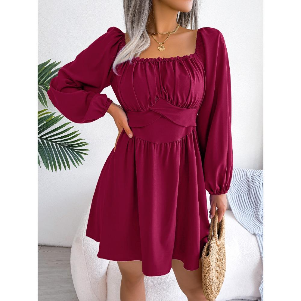 Rochii de damă casual de primăvară și vară, culoare uni, cu urechi din lemn pe lateral, decolteu pătrat, talie marcată, fustă amplă, modă casual