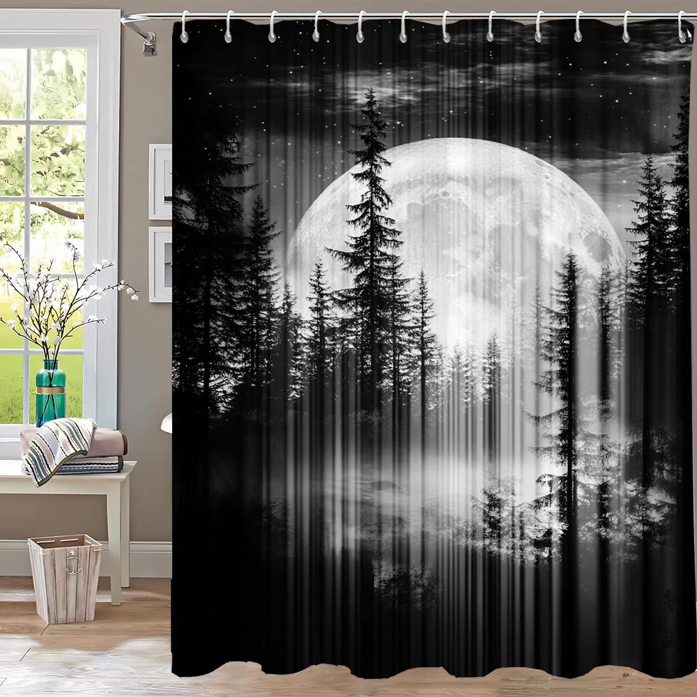 Mysterious Night Misty Forest Shower Curtain, Scenery Bathroom Curtain,Printed Polyester Home Decorative Curtain with Hooks