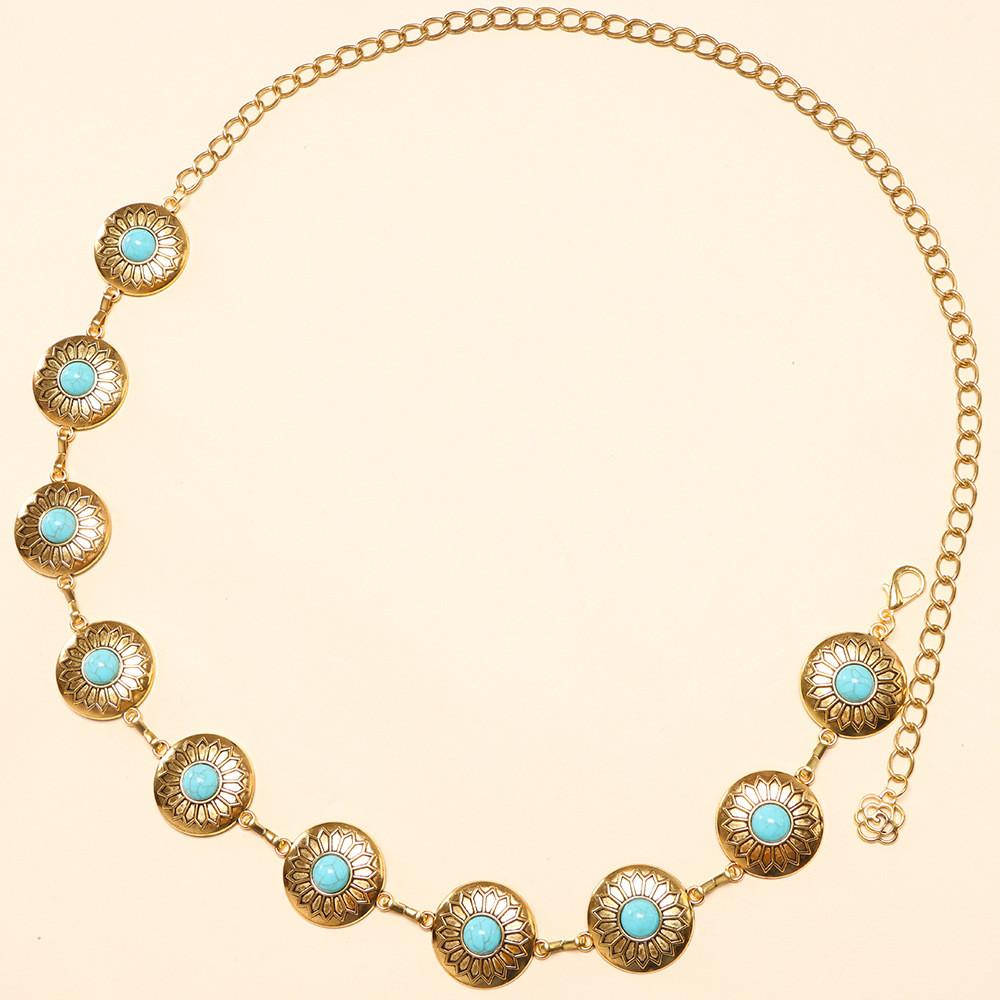 Traditional Style Metal Waist Belt With Embossed Floral Pattern And Turquoise Inlay For Women