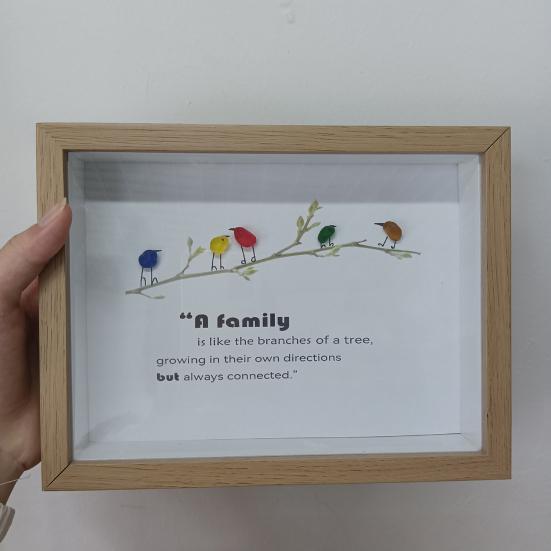 Handmade Sea Glass Decoration with Wooden Frame Rainbow Bird Family Seaglass Wall Art Decoration Framed Sea Glass Friendship Artwork Ornament