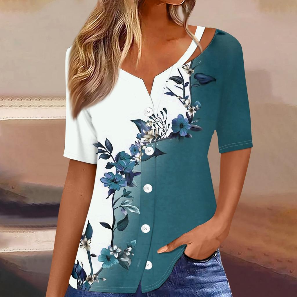 Damen T-Shirt mit Aufdruck, kurzärmelig, V-Ausschnitt, Knopfleiste, Strickjacke, T-Shirt, Top