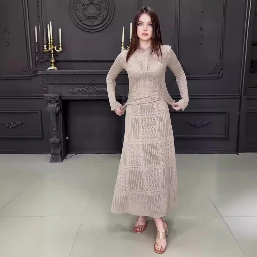 2024 Fall Slim Fit Solid Color Round Neck Long Sleeve High Waist Swing Skirt Set for Women