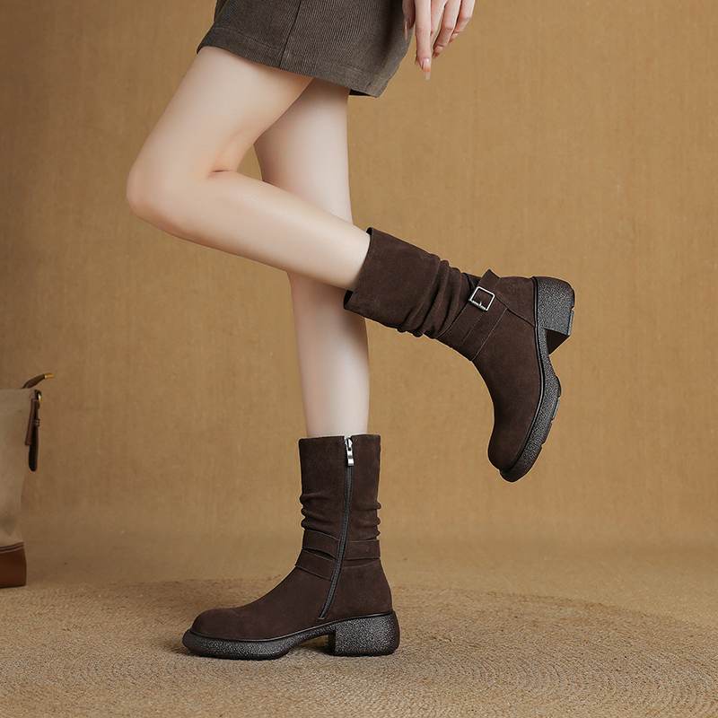 Krazing Pot Cow Suede Nubuck Pleated Decoration Autumn Winter Shoes Chunky Heels Size 43 Size 42 Round Toe Zipper Retro Fashion Mid-calf Boots