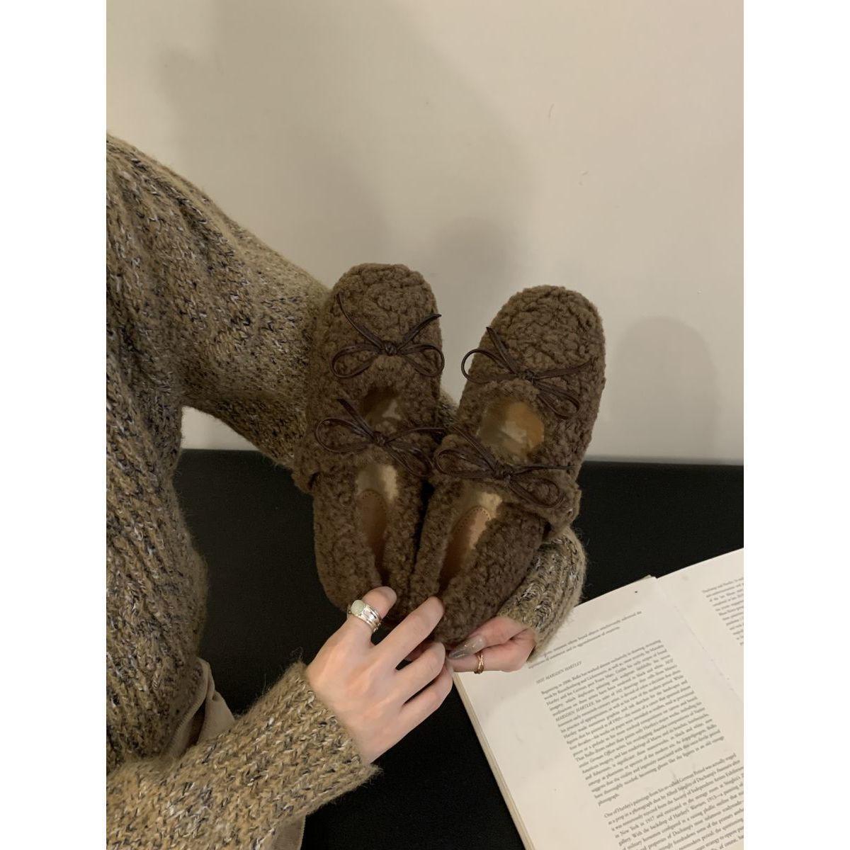 

Маленькая высота, плюшевые туфли, женская обувь в иностранном стиле зимой, сказочные балетки, теплые хлопковые туфли Doudou 40 коричневый