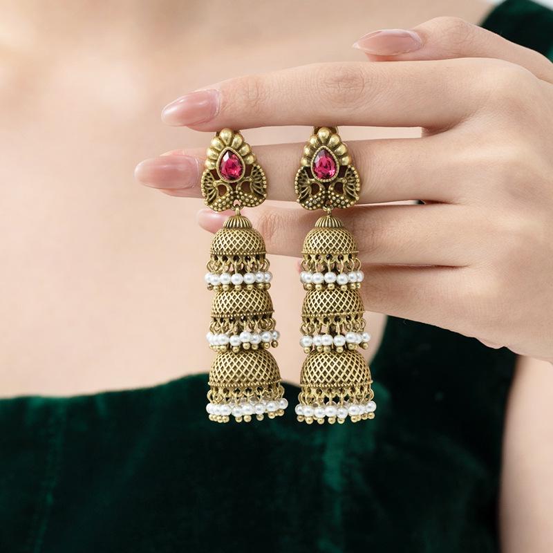 

Vintage Peacock Pearl Tassel Earrings with Ruby Accent