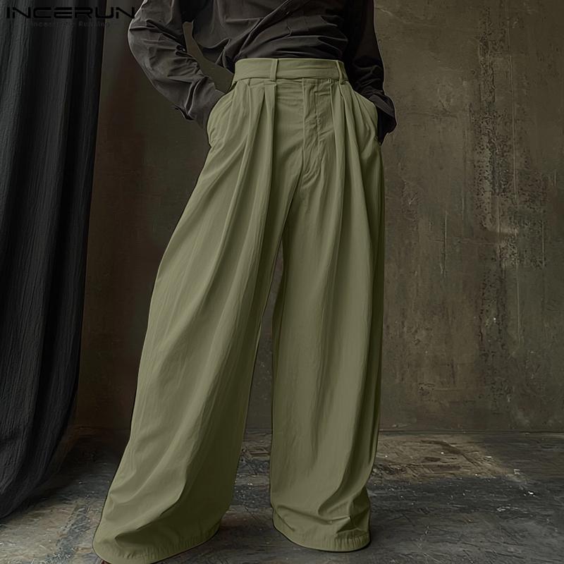 INCERUN Men Zip-up High Waist Casual Long Wide Legs Pants Trousers