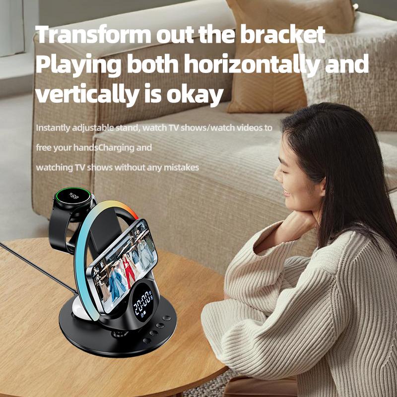 6-in-1 Wireless Charger with RGB Ambient Light & Alarm Clock Station for Iphone/Samsung Phone, iWatch/Galaxy Watch, AirPods/Buds