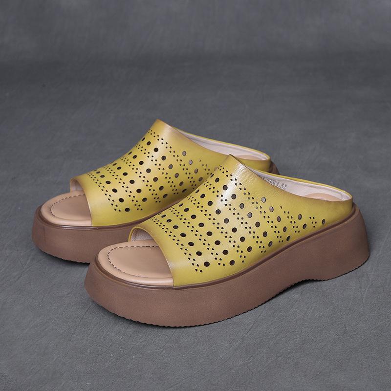 Johnature Pantoufles d'extérieur pour femmes en cuir véritable à bout ouvert et semelles épaisses, sandales compensées ajourées et respirantes de style vintage