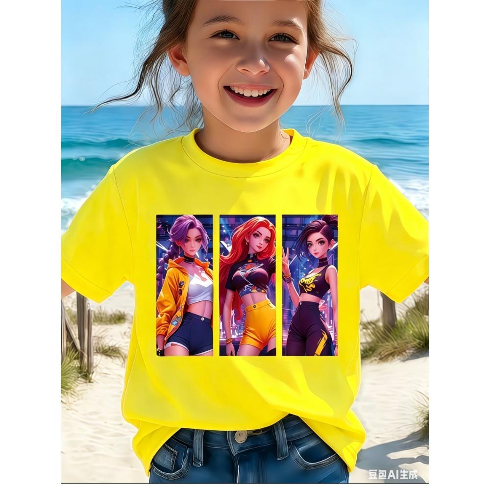Summer Kids Girls Kpop Three Girls Cartoon Print Creative Fashion Versatile Crew Neck Adult T-Shirt Tops