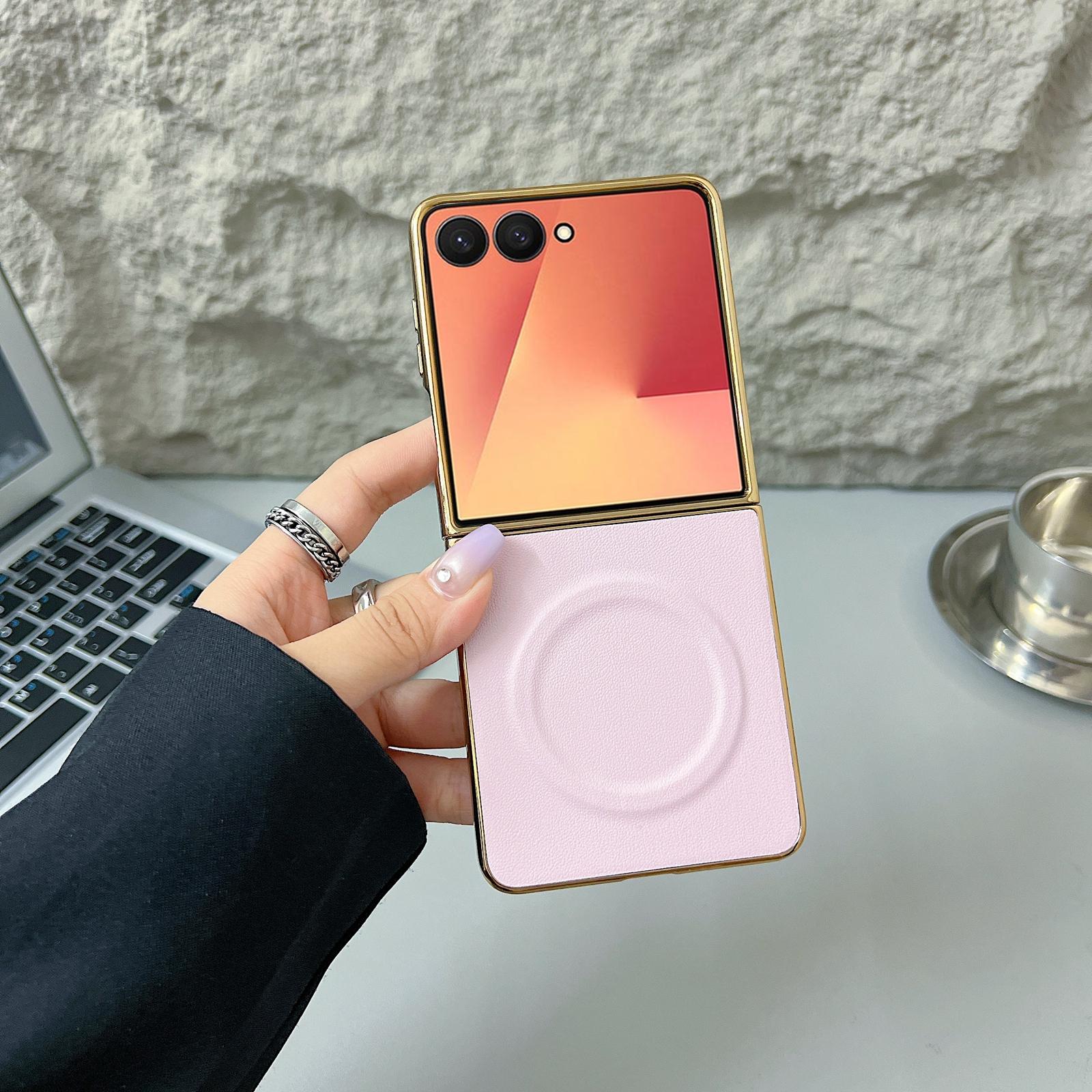 

For Samsung Galaxy Z Flip7 5G Magnetic Case Nappa Texture PU+TPU+PC Phone Back Cover Pink