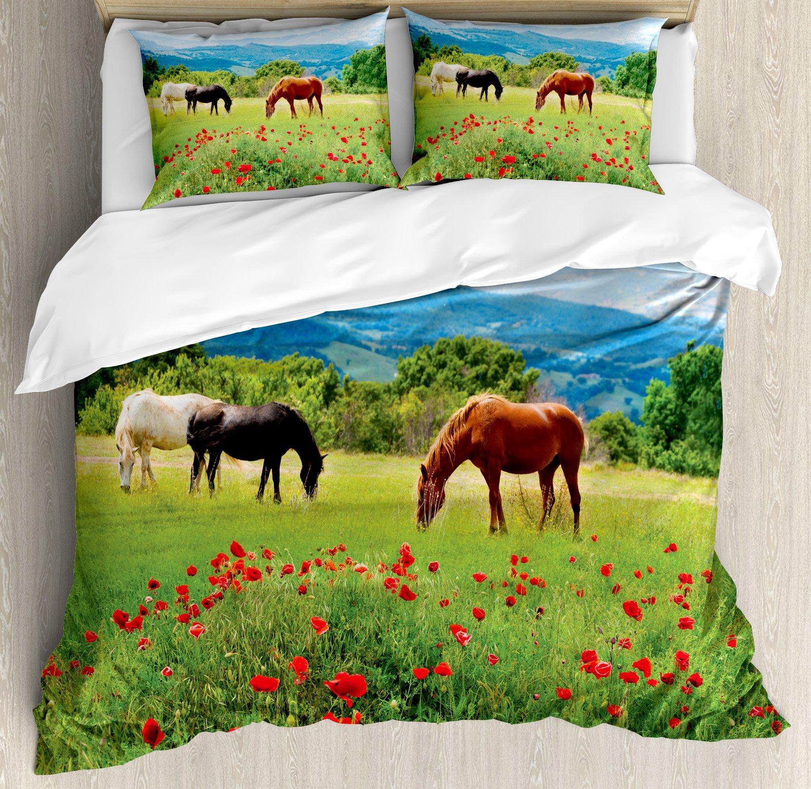 

Horse And Green Grass Duvet Cover Set For Kids Boys Girls Teens Lightweight Quilt Covers Spring Themed Bedding Set Bedroom Decor EU Single(135x200cm)