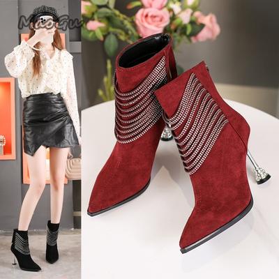 Stiletto Mode Kurze Stiefel Damen Herbst Winter Strasskette Reißverschluss hinten Hoher Absatz Stiefel für Damen Party Schuhe 35-40