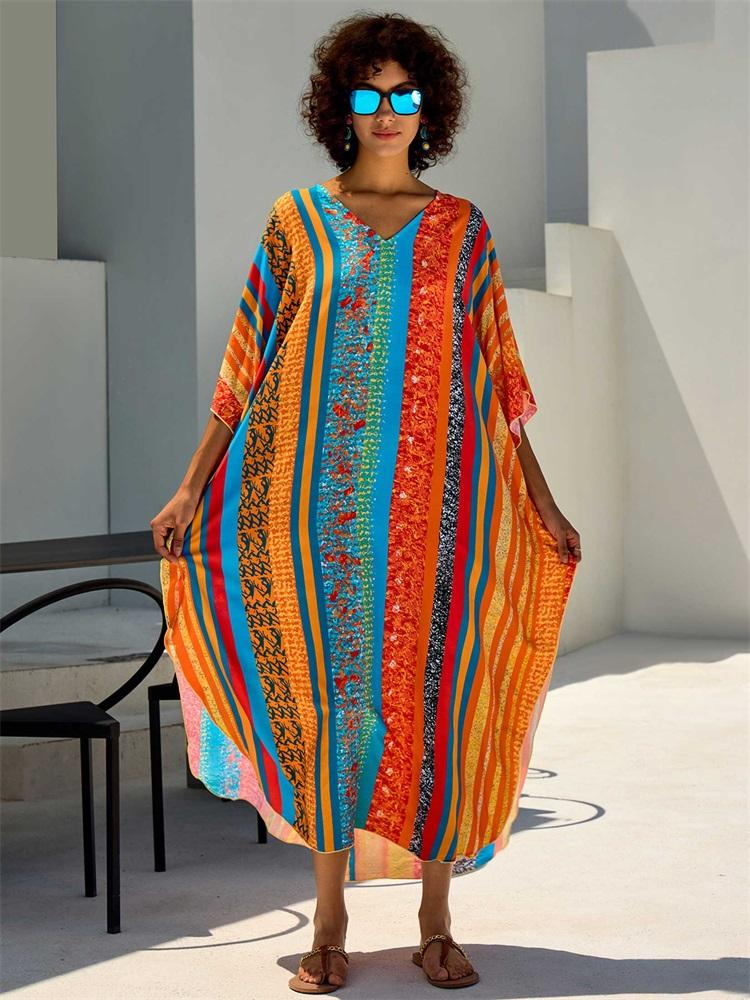 EDOLYNSA 2024 Bohemian Colorful Printed Free Kaftan Mrs Roper Long Dress Summer Vacation Beach Swimsuit Cover Up Cozy Homewear Robe Q1690