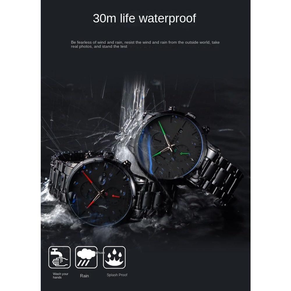 NIBOSI Men's Watch Black Fashion Simple Style Precision Travel Time Multi-functional Waterproof Luminous Quartz Watch