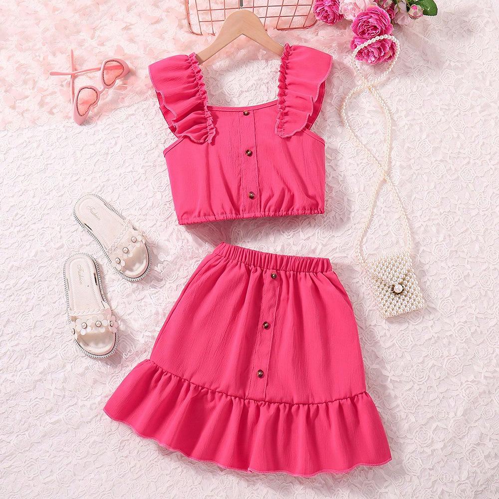 Citgeett Sommer Kinder Mädchen Rock Set Fly Ärmel Leibchen Elastische Taille A-linie Rock Outfit Feste Kleidung