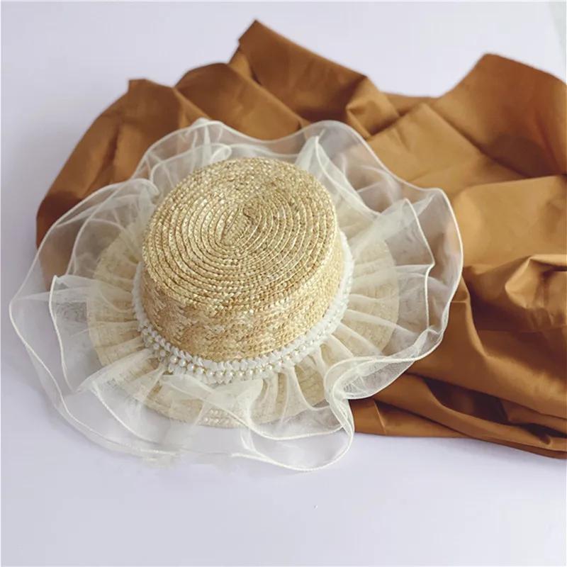 Elegant White Lace Wide Brim Sun Hat For Women Girl Imitation Pearls Flat Brim Beach Straw Hat Outdoor Sun Protection Panama Cap