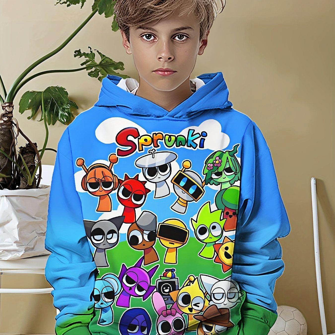 

Colorful little figure 3D printed long sleeved hooded sweatshirt and sports shirt for boys under the blue sky 13-14Y