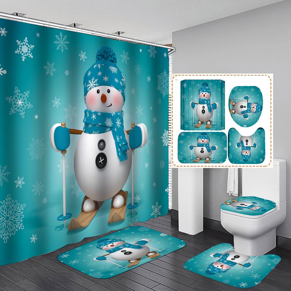 Merry Christmas Bathroom 4Pcs Set Snowman Santa Claus Pattern Waterproof Shower Curtain Toilet Cover Mat Non Slip Rug Home Decor