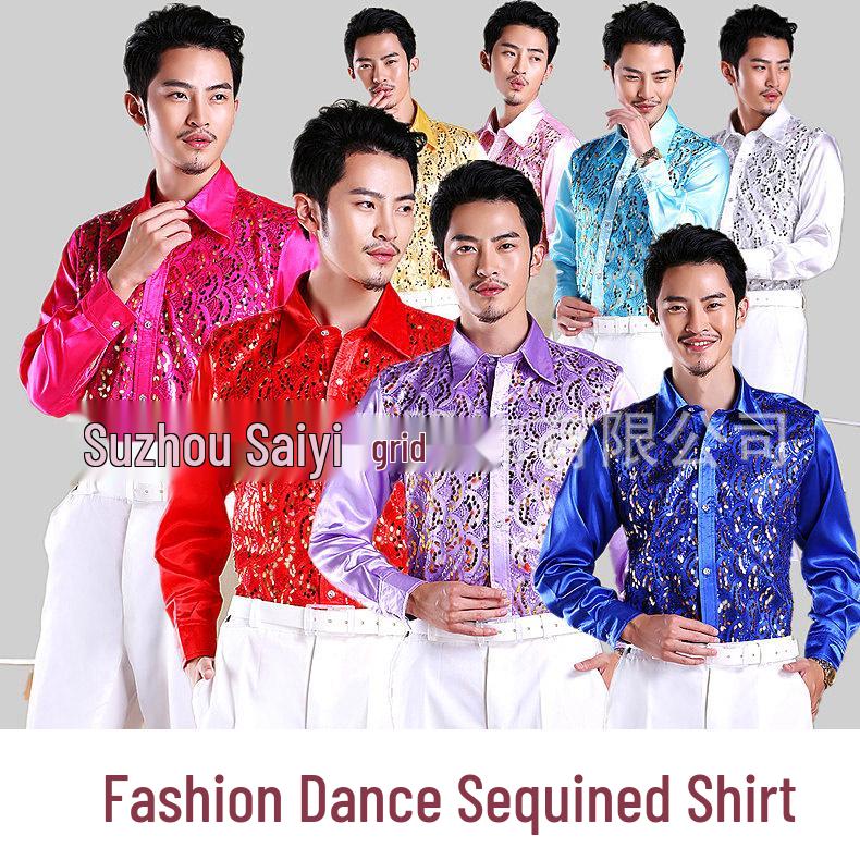 

Men s Sequin Performance Stage Wear Dance Shirt L королівський синій колір