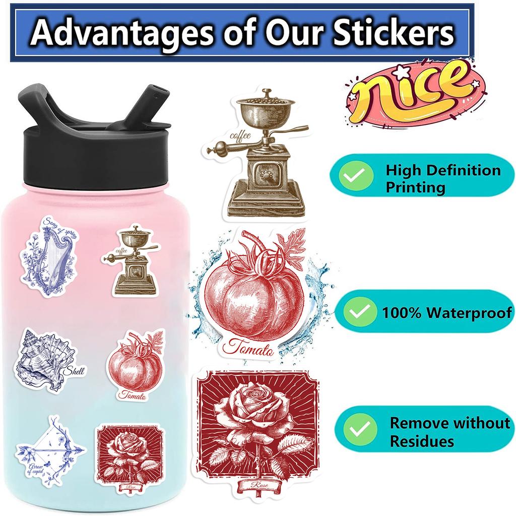50 Cartoon Retro Imprint Stickers Decorate Notebook Suitcase DIY Waterproof Stickers