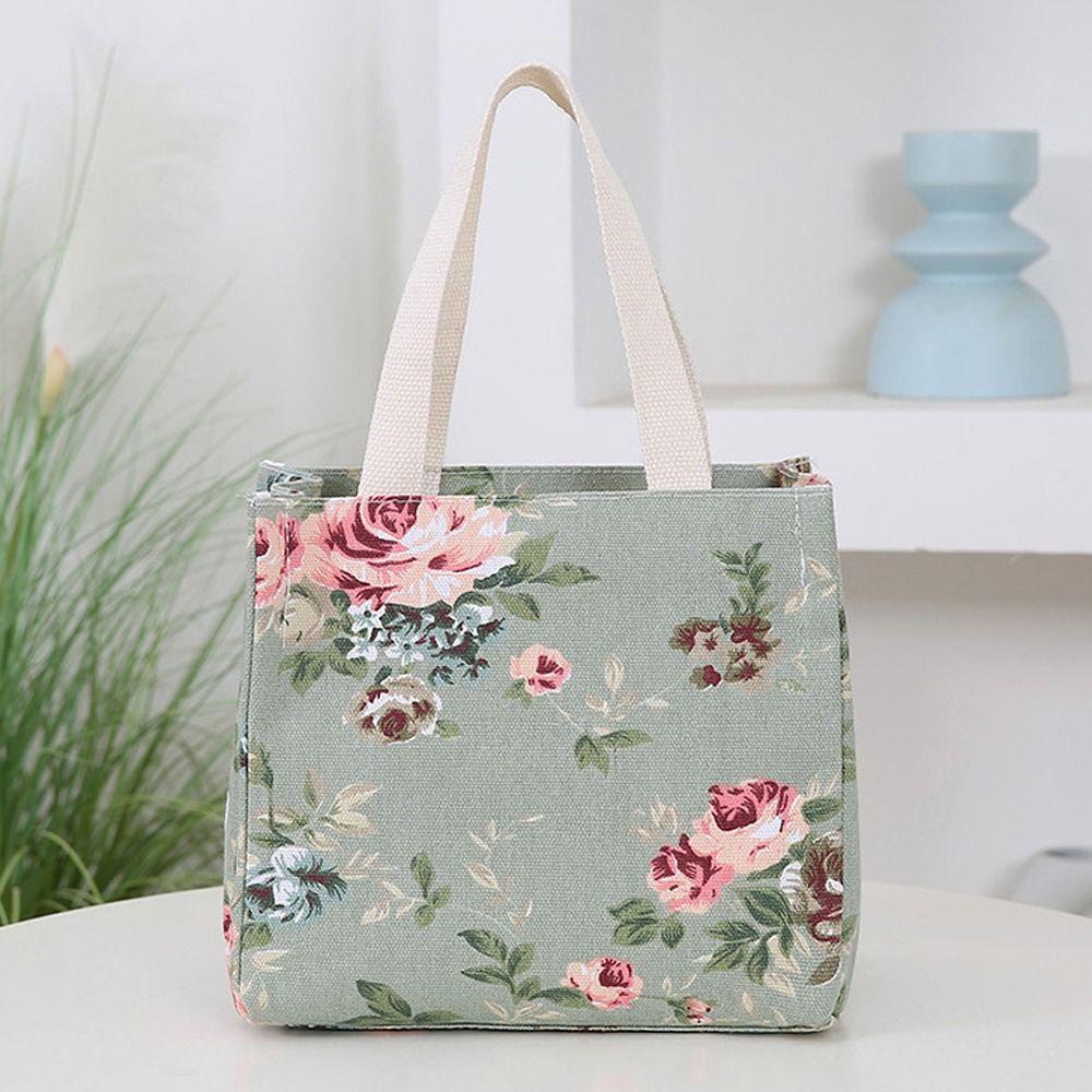 Portable Canvas Lunch Bag Floral Print Large Capacity Ice Bag Foil Lining Lunch Box Handbag for Women