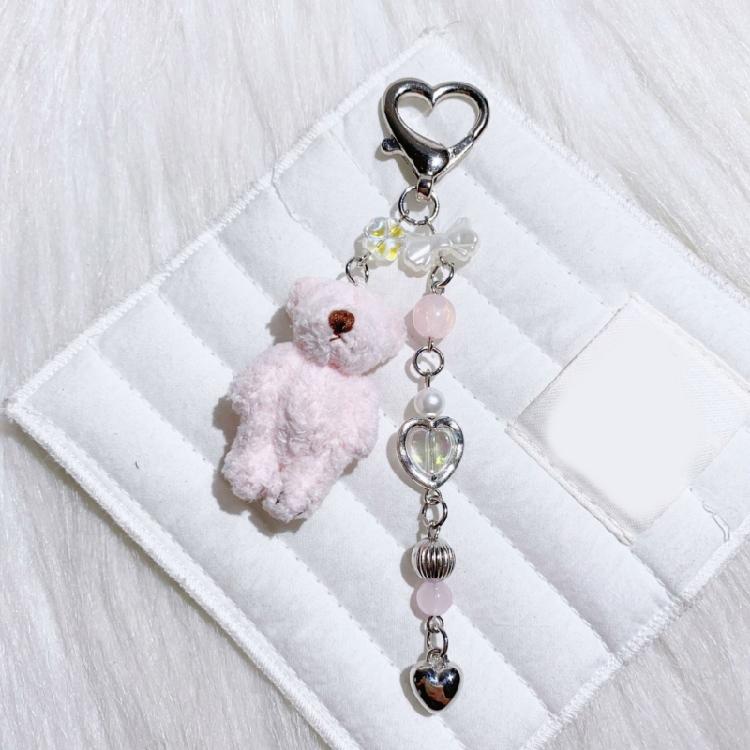 Bead Chain Adorned Bear Keyring Plush Animal Keychain Pendant Handmade Phone Charm Unique Gift for Children and Teens