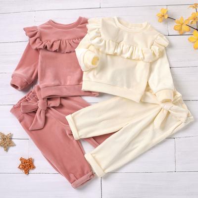 Winter Warme Kleinkind Baby Mädchen Glatte Samt Outfits Sets Rundhals Rüschen Trim Top Elastische Taille Bowknot Hose 2 stücke Kid Kleidung