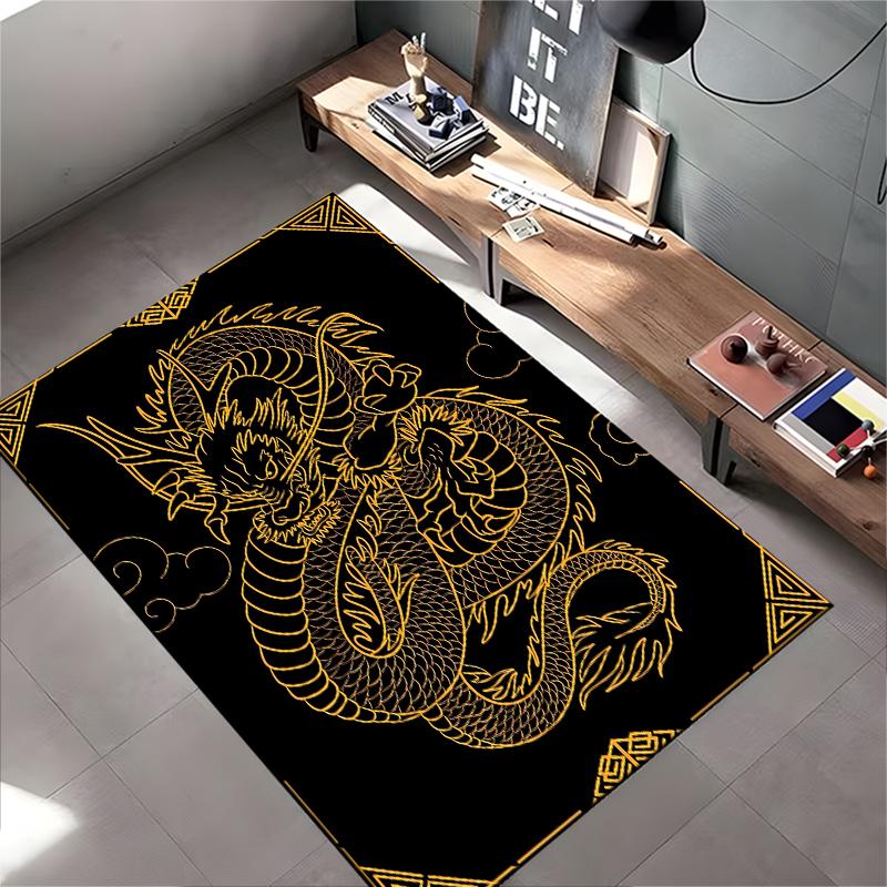 Golden Dragon Patterned Black Carpet with Modern Abstract Oriental Style Suitable for Use As an Anti-slip for Living Room Bedroom Sofas
