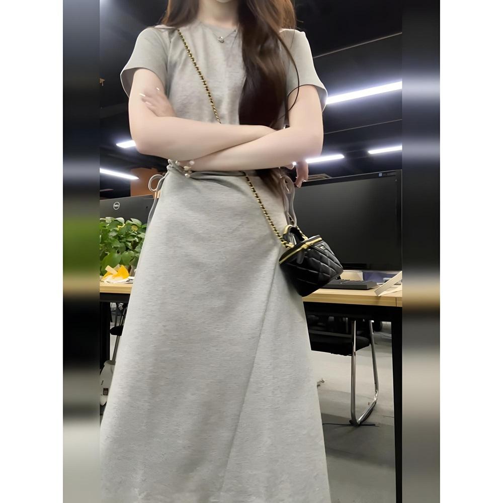 Grey dress for women's summer shows high wear with waist medium and long dress