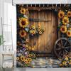 Rustic Barn Door Shower Curtain Autumn Sunflower Floral Farmhouse Vintage Western Brown Wooden Board Yellow Flower Butterfly