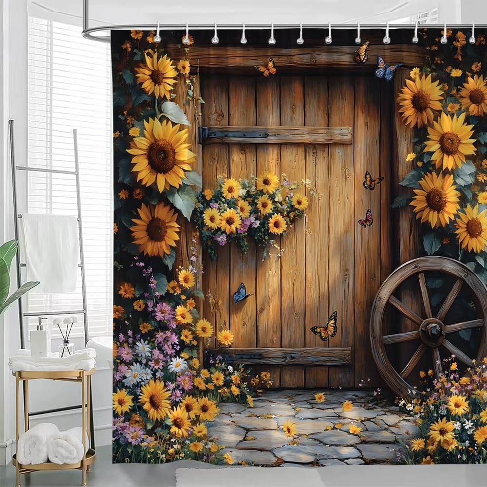 Rustic Barn Door Shower Curtain Autumn Sunflower Floral Farmhouse Vintage Western Brown Wooden Board Yellow Flower Butterfly