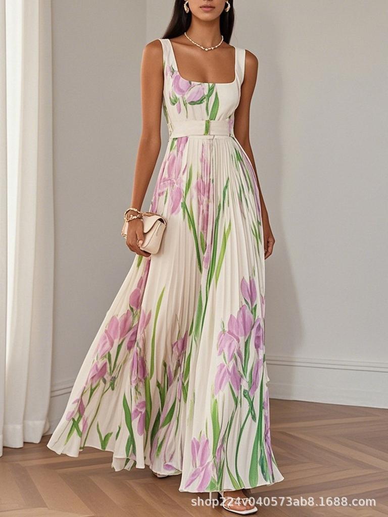 Damen Maxikleid mit Blumenmuster und Rüschensaum, Blaues und Grünes Blumenmuster, Elegantes A-Linien-Langkleid