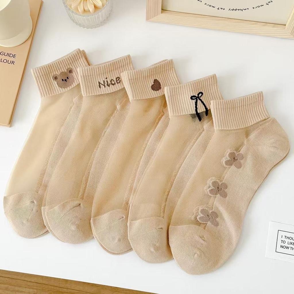 5Pairs/lot Summer Women Socks Black and White Cat Glass Silk Breathable Female Socks Simple Short Socks Cute Cartoon Cat Socks