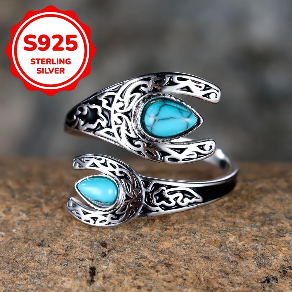 S925 Sterling Silver Double-sided Teardrop Turquoise Open Rings for Women Ethnic Bohemian Style Adjustable Ring Jewelry Accessories