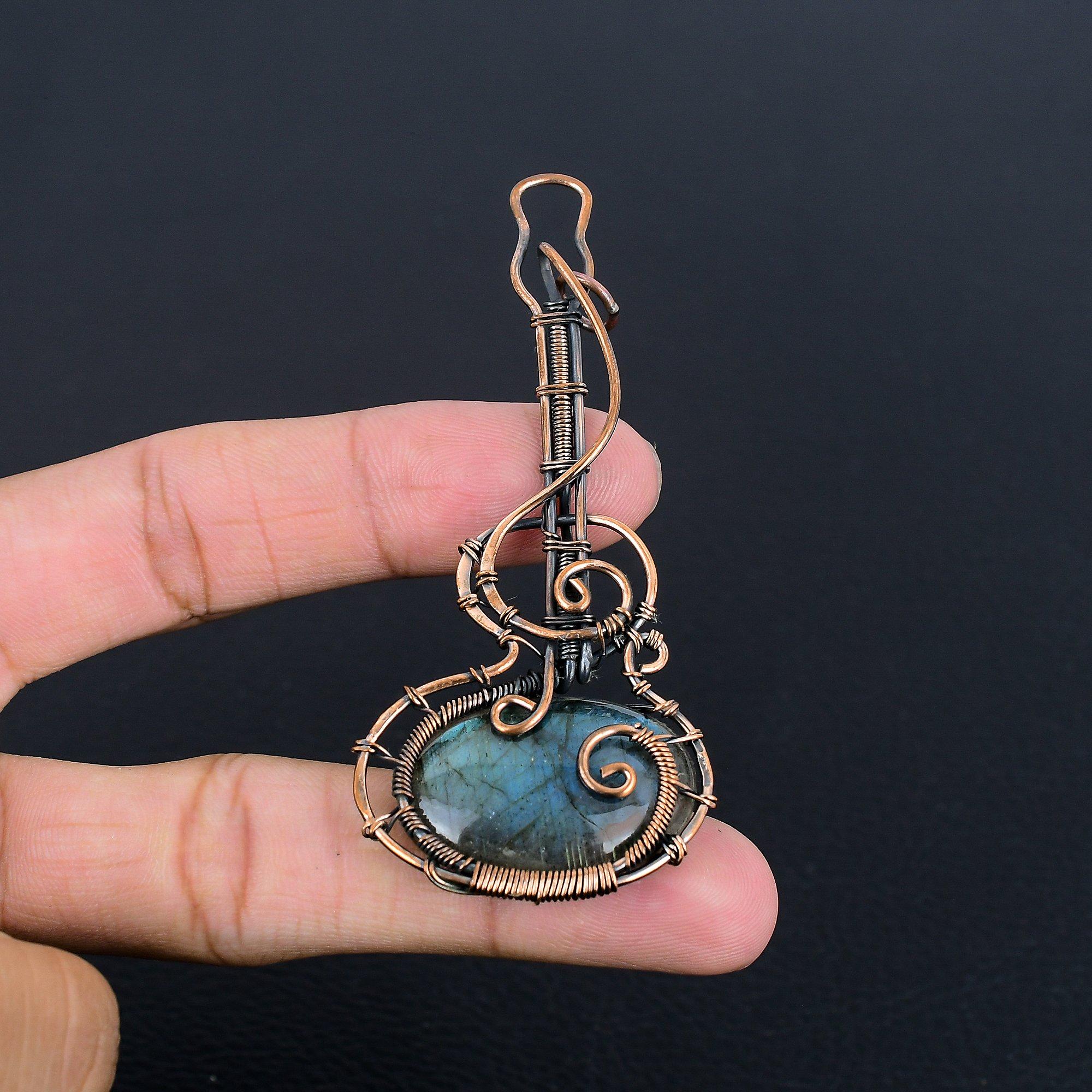 

Подвеска из лабрадорита, Подвеска ручной работы, обернутая медной проволокой 999 пробы, Антикварное украшение, Для подарка, Серебряное украшение 2.25 Inches