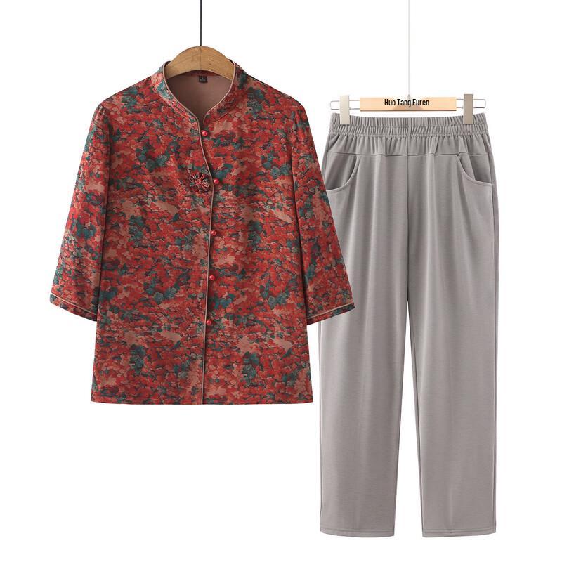 Elegant Stand-Collar Summer Blouse Set for Elderly Women 2XL красный набора