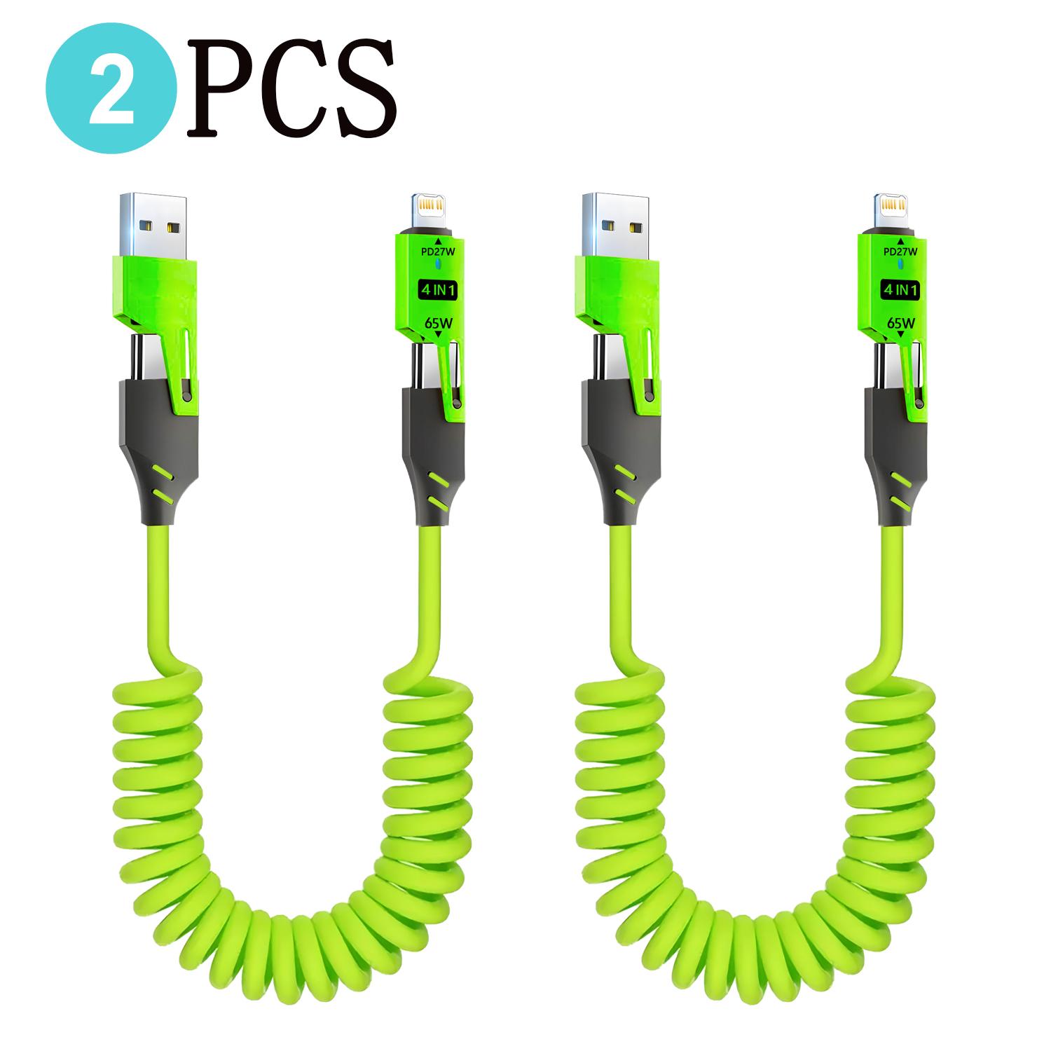 

2PCS 4 in 1 65W Spring Short Data Cable USB Type C Spring Telescopic Quick Charger Wire Spring USB Cable for iPhone 15 141312