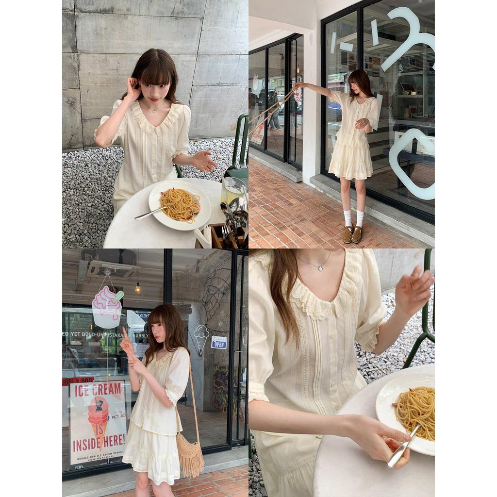 Women's Ruffle V Neck Short Sleeve Top And Elastic Waist Mini Skirt Two Piece Set Solid Cotton Elegant French Summer Outfit