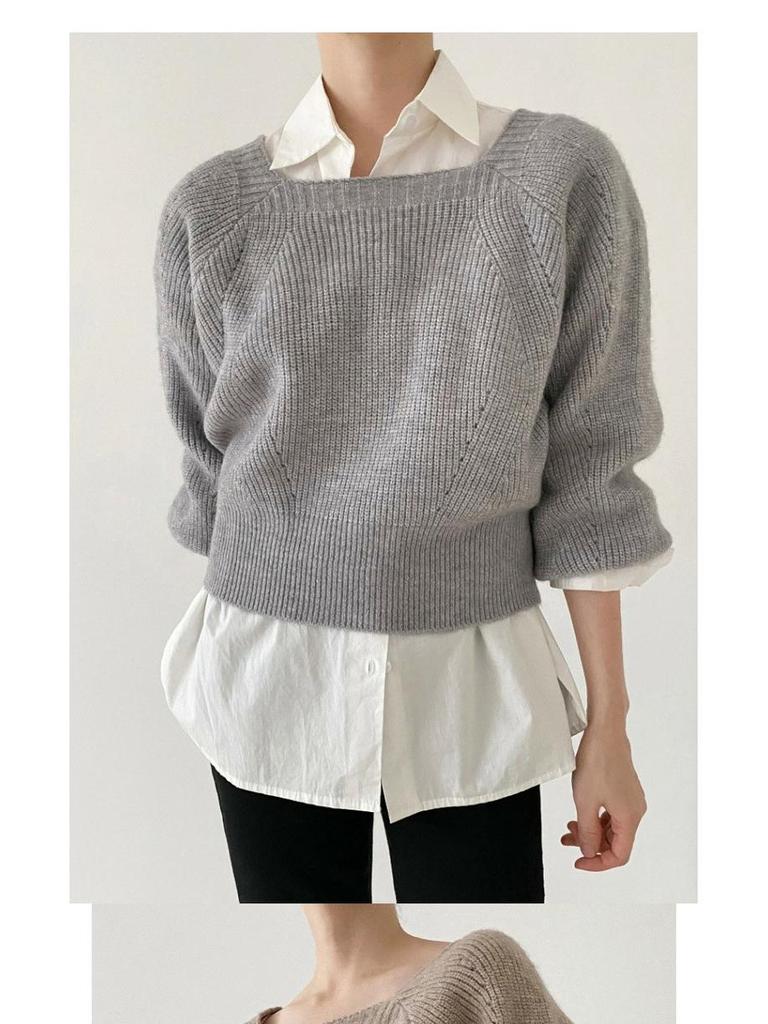 Women's Thick Knit Sweater: 2023 Autumn/Winter, Square Collar, Lantern Sleeves, Loose Fit.