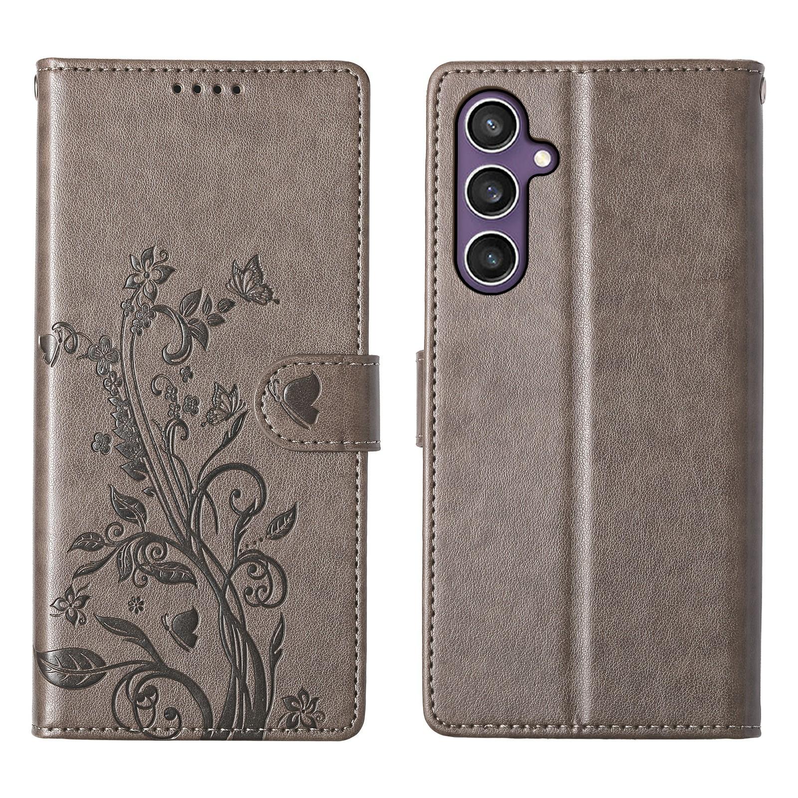 

For Samsung Galaxy S25 Wallet Case Butterfly Floral Imprint PU Leather Phone Cover with Wrist Strap Grey