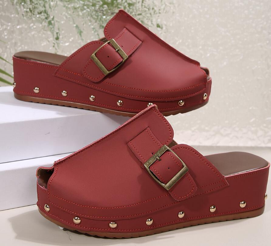 Women's Fish-mouth slippers with thick soled buckle rivets Woman Platform Sandals Wedges Heeled Shoes Sandalias Footwear