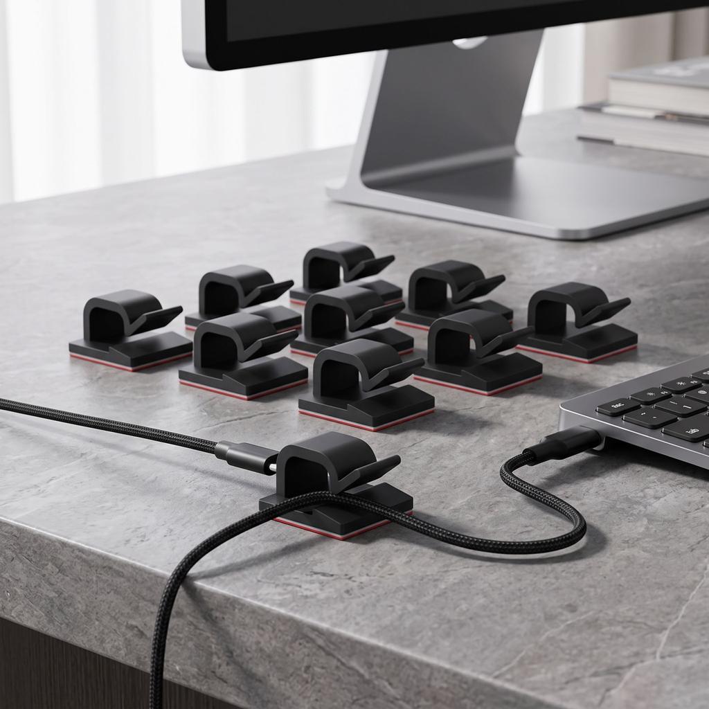 10-Pack Black Small Square Silicone Self-Adhesive Cable Set for Desk