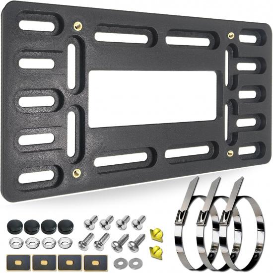 Front License Plate Bracket Holder - Universal Front Mounting Kit, Plastic Bumper Car Tag Adapter With Copper Threaded, With Screws Caps And