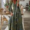 Bohemian Style Flared Sleeve Print V-neck High Waisted Vacation Dress with Floral Detailing for Women
