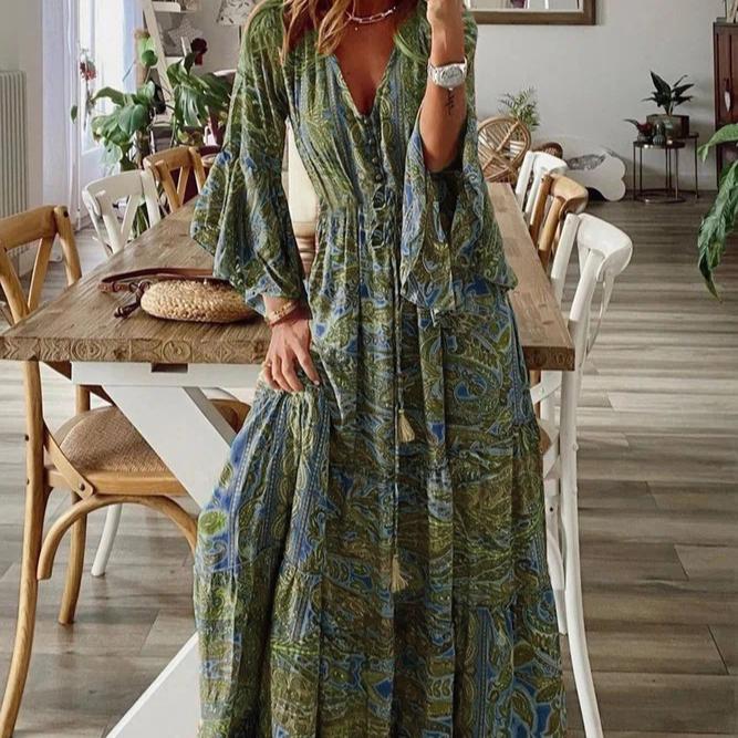 Bohemian Style Flared Sleeve Print V-neck High Waisted Vacation Dress with Floral Detailing for Women